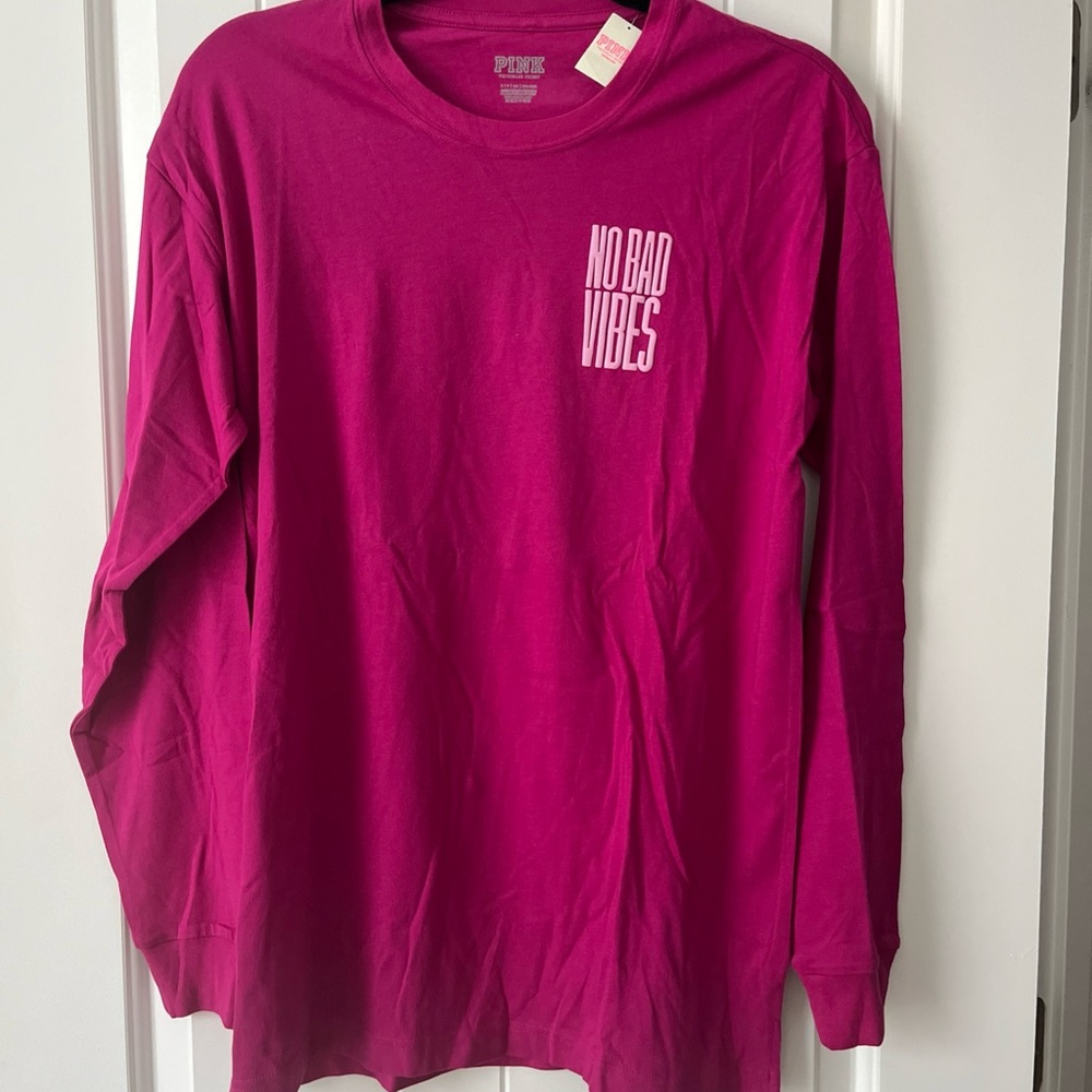 VS PINK Retro Long Sleeve Tee Shirt NO BAD VIBES Pink T Shirt Victorias Secret